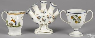 Three pieces of English pearlware, 19th c., to include a quintal vase, 6 3/4'' h., a pitcher