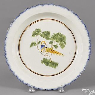 Pearlware blue feather edge charger, 19th c., with peafowl decoration, 12 1/8'' dia.