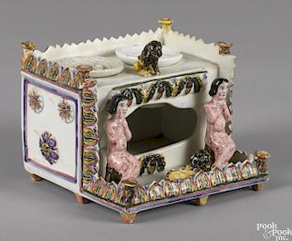 English pearlware figural inkwell, 19th c., with polychrome decoration, 4 1/4'' h., 5 3/4'' w.