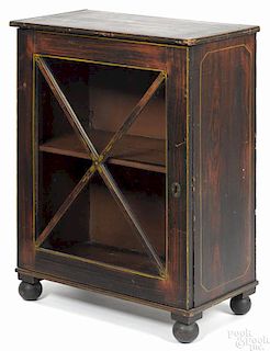 New England painted pine display cabinet, ca. 1830, retaining its original grain decorated surface