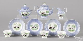 Miniature blue spatter fort tea service, to include a teapot, 4 1/4'' h., a covered sugar