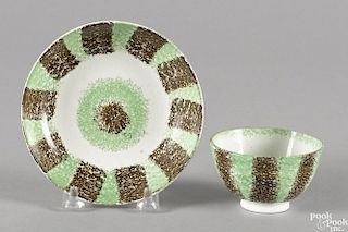 Green and brown rainbow spatter cup and saucer, 19th c.