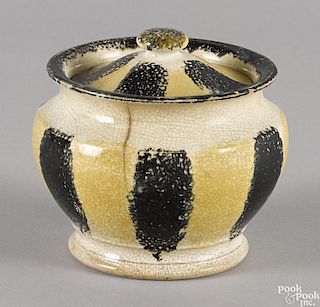 Yellow and black rainbow spatter covered sugar, 19th c., 4 1/4'' h.