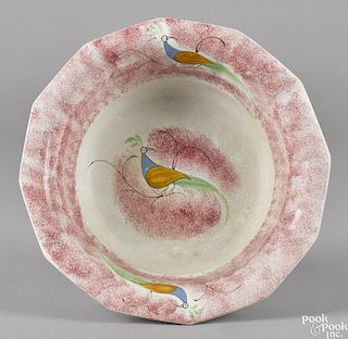 Red spatter basin with peafowl decoration, 4 5/8'' h., 14 3/4'' dia.
