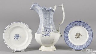 Blue spatter pitcher with transfer eagle decoration, 11 1/2'' h., together with two plates