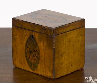 Hepplewhite satinwood tea caddy, ca. 1800, with shell and potted floral inlay, 4 1/2'' h., 5'' w.