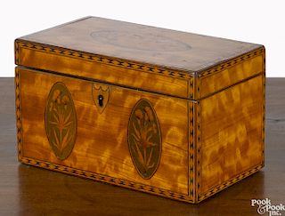 George III satinwood tea caddy, late 18th c., with conch shell and floral inlays