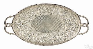 J. E. Caldwell & Co. repoussé sterling silver serving tray with intertwined loop handles, 8'' l.
