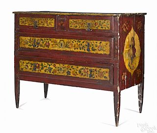 Italian painted pine chest of drawers, 19th c., the top with a courting couple