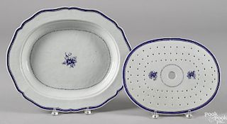 Two Chinese export porcelain blue and white platters, 19th c., both with strainer inserts