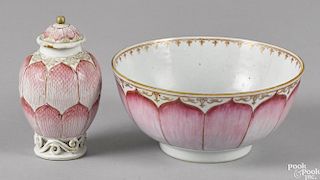 Chinese export porcelain pink lotus bowl and tea caddy, bowl - 3 1/4'' h., 7'' dia.