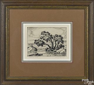 Birger Sandzen (American 1871-1954), etching, titled Hillside Pond, signed in pencil lower right
