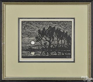 Birger Sandzen (American 1871-1954), woodcut with gouache, titled Moonrise on the Smoky River