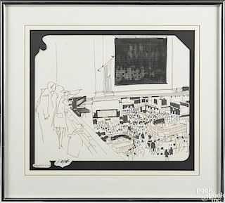 Dong Kingman (American 1911-2000), two ink and wash views of the New York Stock Exchange