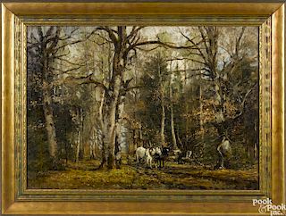 William Preston Phelps (American 1848-1923), oil on canvas landscape with a horse drawn cart