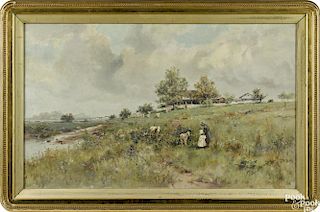 Frank F. English (American 1855-1922), oil on canvas landscape with figures and a farmhouse
