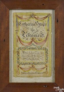 Ink and watercolor fraktur bookplate, dated 1826, for Catharina Steger, with floral vines