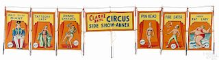 Snap Wyatt seven-part oil on canvas circus banner, of small size, for the Clarke Bro's. Circus