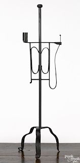 Wrought iron candlestand, 18th c., with a rush light holder, 31 3/4'' h.