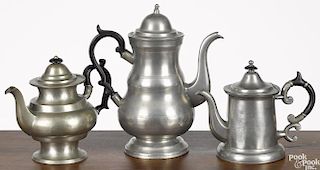 Three American pewter coffee/teapots, 19th c., to include Boardman & Hart, Morey & Ober