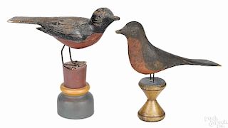 Two carved and painted song birds, early 20th c., one mounted on a later turned base