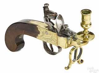 English brass, iron, and mahogany pistol tinder lighter, 19th c., stamped Wood, 4'' h., 6 1/4'' w.