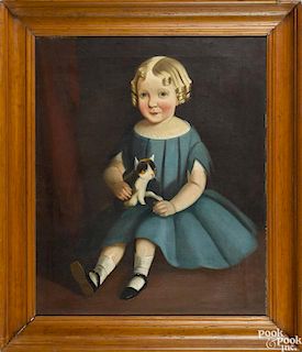 American oil on canvas folk portrait, ca. 1860, of a young girl and kitten, 30'' x 25''.