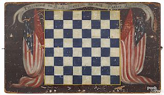 New England painted pine sailor's gameboard, inscribed Presented to B. A. Merrill by his Father