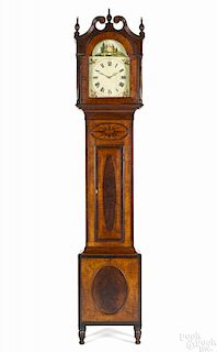 Pittsburgh, Pennsylvania area tall case clock, ca. 1825, with a broken arch bonnet, turned feet