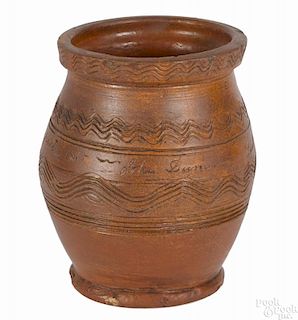 New England redware jar, dated 1835, attributed to the pottery of John Duntze, New Haven