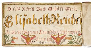 Northampton County, Pennsylvania ink and watercolor fraktur bookplate, dated 1827