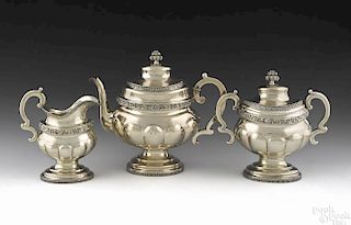 New York three-piece silver tea service, ca. 1820, bearing the touch of Peter Chitry