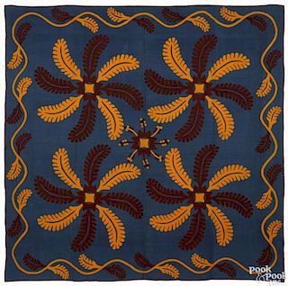 Vibrant appliqué princess feather quilt, late 19th c., 85'' x 86''.