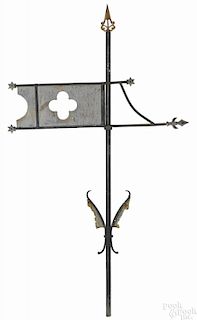 Iron and tin bannerette, late 19th c., with star terminals and a quatrefoil cutout, 82'' h.