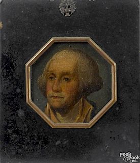 Oil on board miniature octagonal portrait of George Washington, ca. 1800, 4'' x 4''.