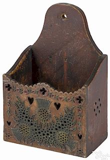 Painted pine hanging box, 19th c., with relief carved thistles and cutout hearts