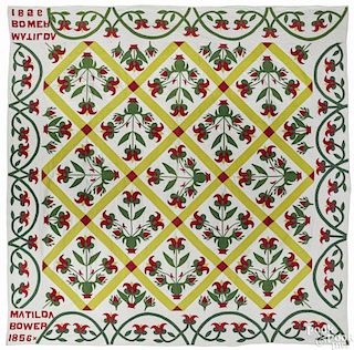 Pennsylvania pieced and appliqué quilt, dated 1856, inscribed Matilda Bower
