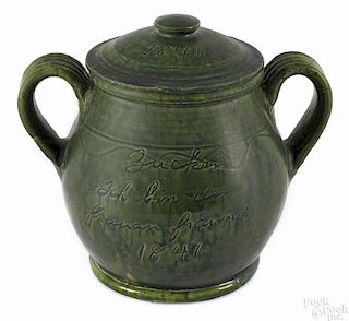 Pennsylvania redware sugar jar with a cover, dated 1841, inscribed Zucker