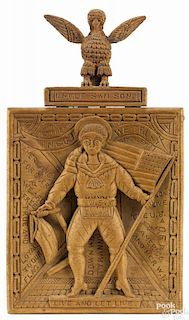 Patriotic carved pine plaque of Uncle Sam's Son, dated 1899, featuring an eagle