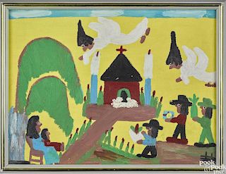 Clementine Reuben Hunter (American 1887-1988), oil on board Nativity scene, monogrammed