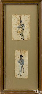 Two ink and watercolor bookplates, early 19th c., of soldiers, one is holding a drum