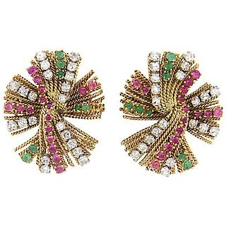 1950s Gold Diamond Ruby Emerald Earrings