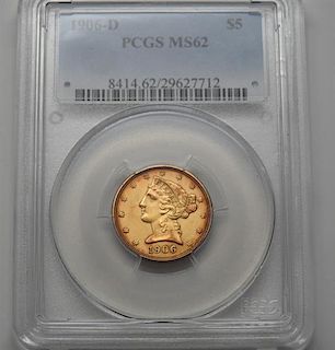 PCGS MS62 1906 D 5 Dollar Half Eagle Liberty Gold US Coin