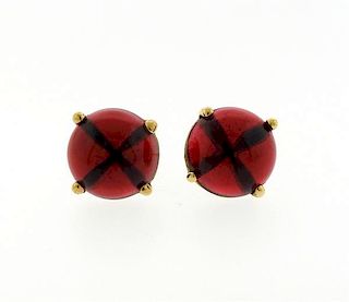 French 18k Gold Red Stone Round Stud Earrings