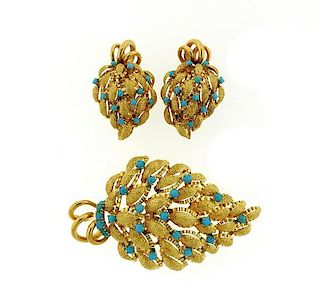 Italian 18K Gold Turquoise Earrings Brooch Pendant Set