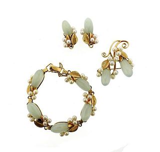 1960s Ming&#39;s 14K Gold Jade Pearl Earrings Bracelet Brooch Set