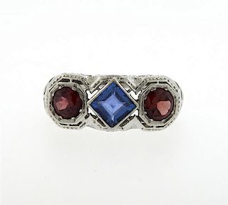 Art Deco 18K Gold Red Blue Stone Ring