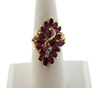 14K Gold Diamond Red Stone Cocktail Ring