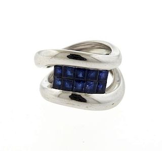 18K Gold Sapphire Wave Band Ring
