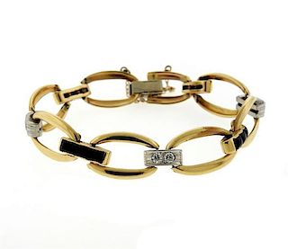 Art Deco 14K Gold Diamond Onyx Link Bracelet